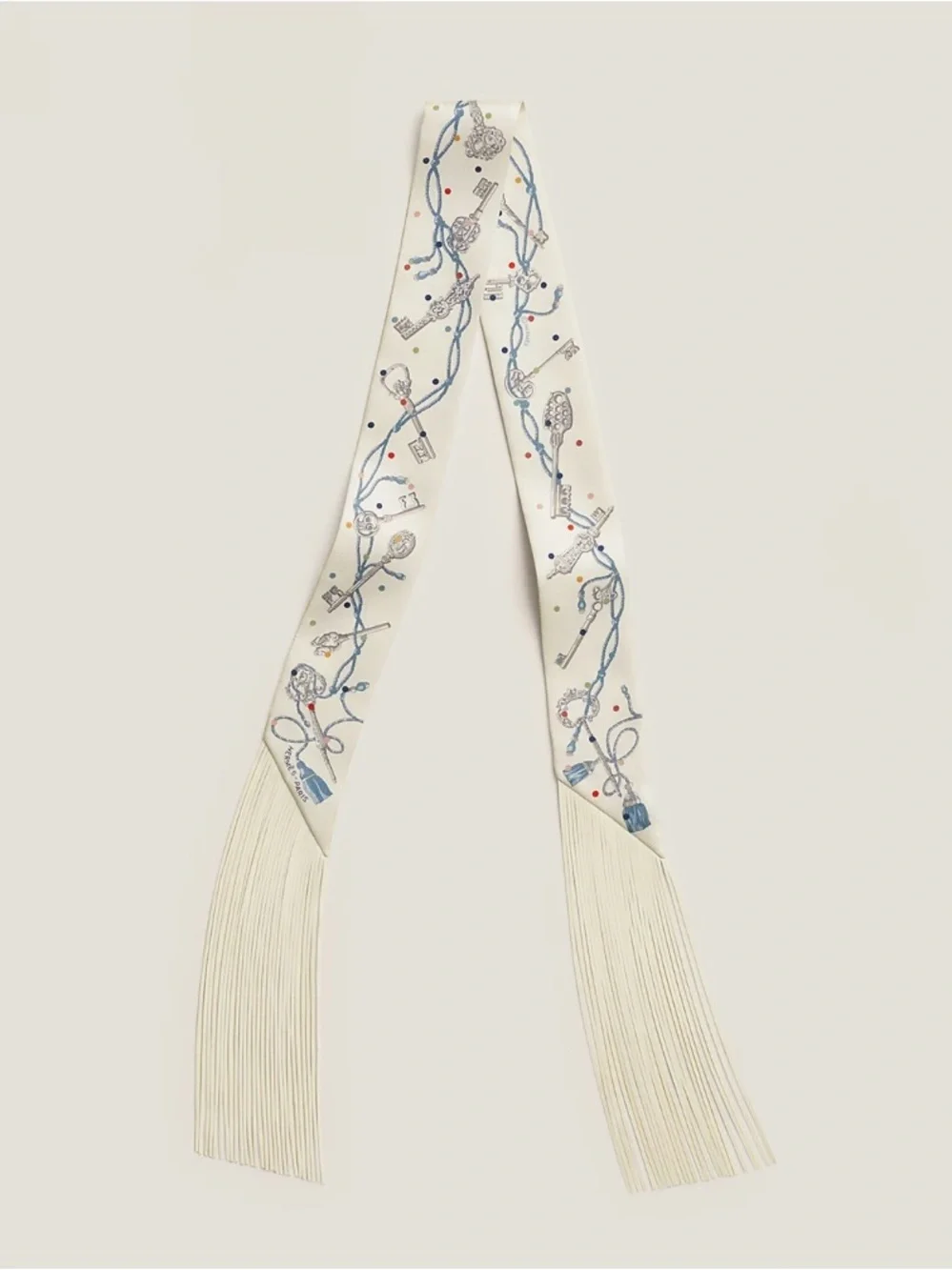 NWT Hermes Les Cles a Pois leather fringes Twilly Crème Gris Perle Multicolore